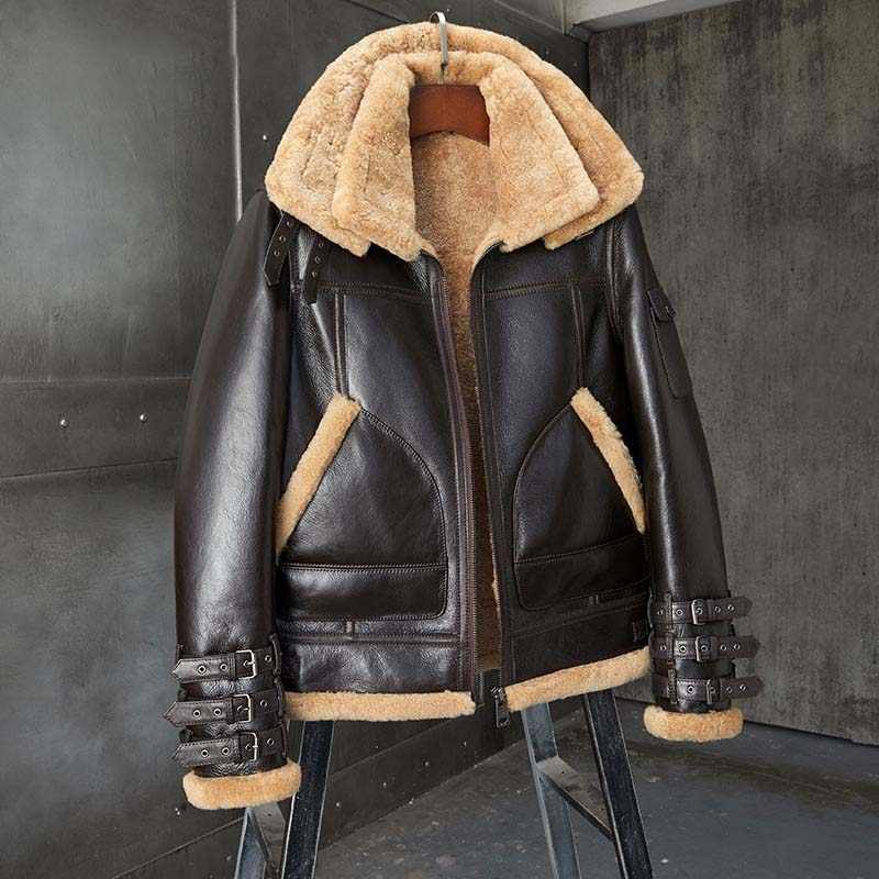 Brown b3 original leather bomber jacket with fur for men