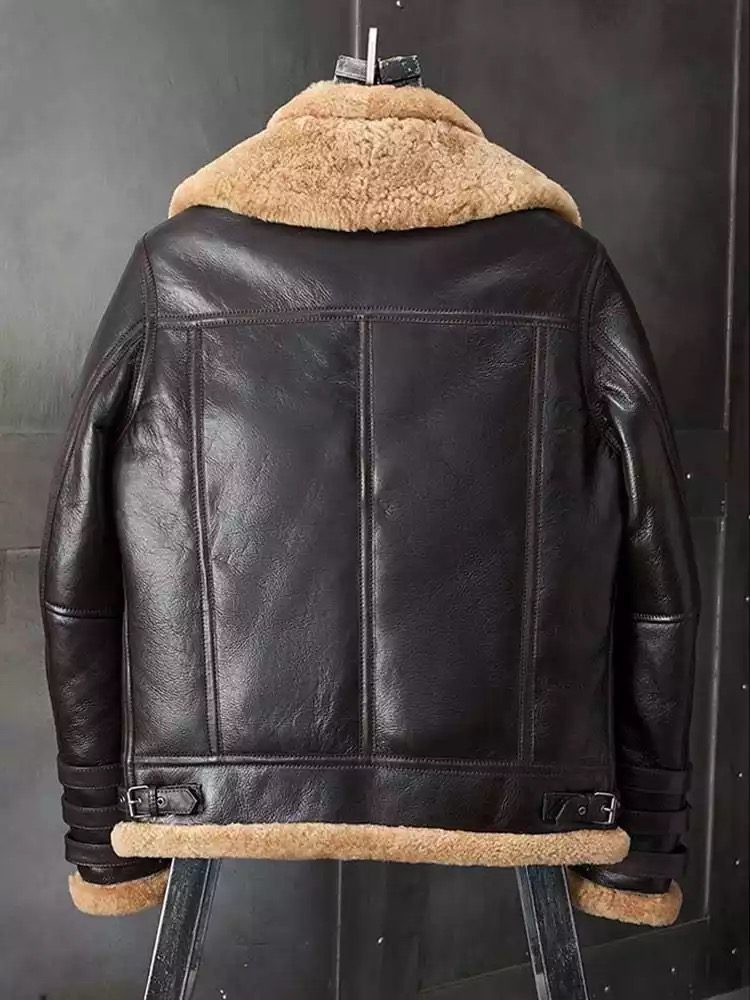 showing backside of luxury b3 bomber original sheepskin leather jacket
