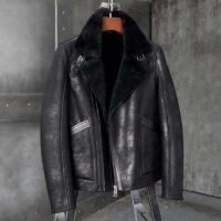 Black b3 bomber men shearling Motorcycle jacket with Fur for sale