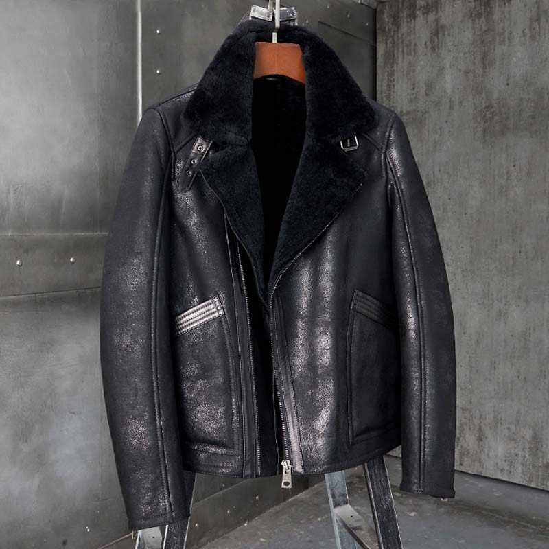 New Shearling Coat Mens B3 Bomber Jacket Black Leather Motorcycle