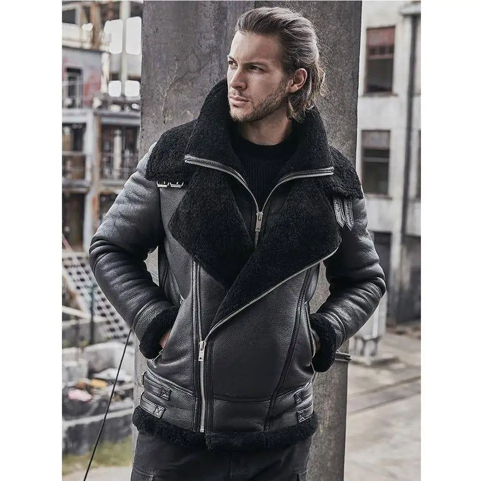 Black b3 bomber Shearling Motorcycle Jacket with Fur for Men