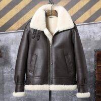 Brown b3 bomber Shearling Motorcycle jacket with Fur for Men