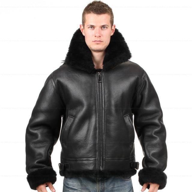 Black b3 bomber men sheepskin jacket with Fur