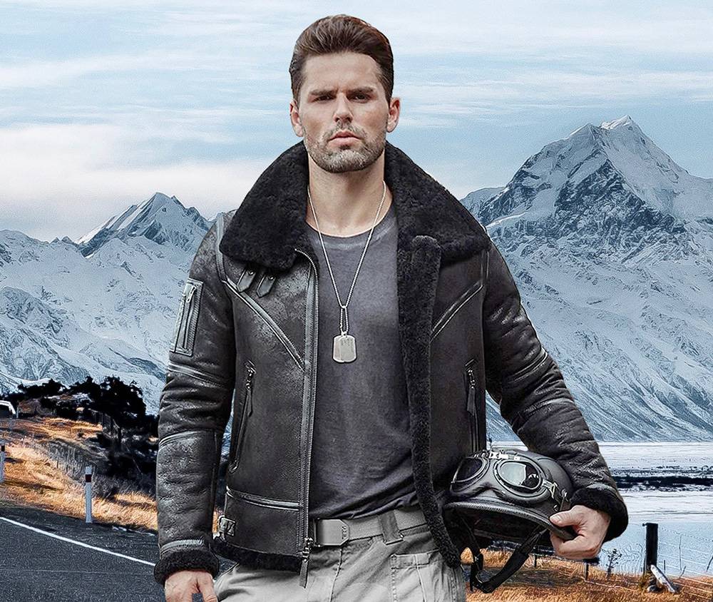 Men wearing B3 Bomber Jacket in winter climate