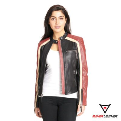 Black Women leather jacket with white stripes
