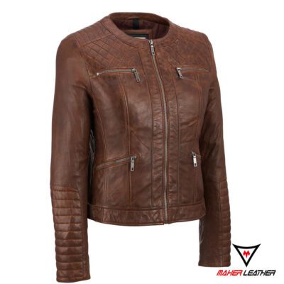 Brown rivet women leather jacket