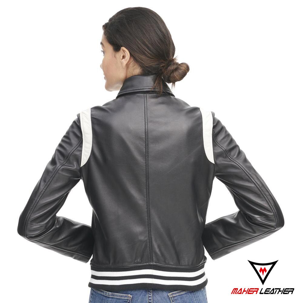 Woman asymmetrical black leather motorbike jacket