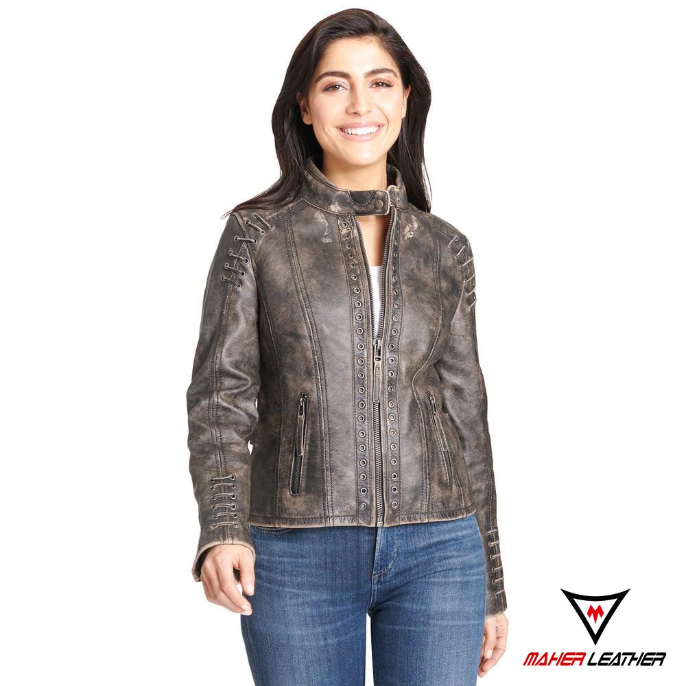 vintage distressed womens biker brown leather bomber jackets