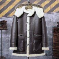 Brown B3 Bomber leather Hooded Shearling Coat with fur for Men