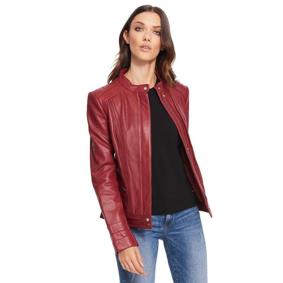 Burgundy womens leather red wine moto bomber jacket