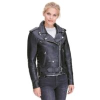 Black womens leather motorcycle jacket Real classic female biker jackets