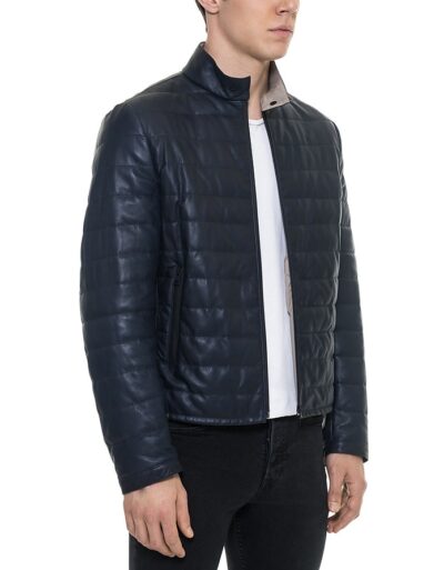 quilted blue puffer leather jacket