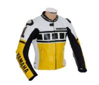 white and yellow Yamaha motorbike leather jacket