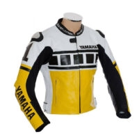 white and yellow Yamaha motorbike leather jacket