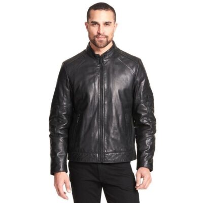genuine black leather moto jacket for men