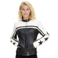 White womens leather jacket with black stars ladies moto jackets
