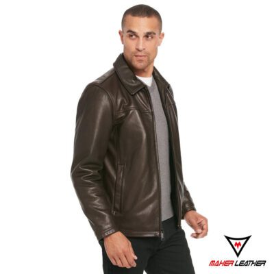 mens trendy brown leather bomber jacket