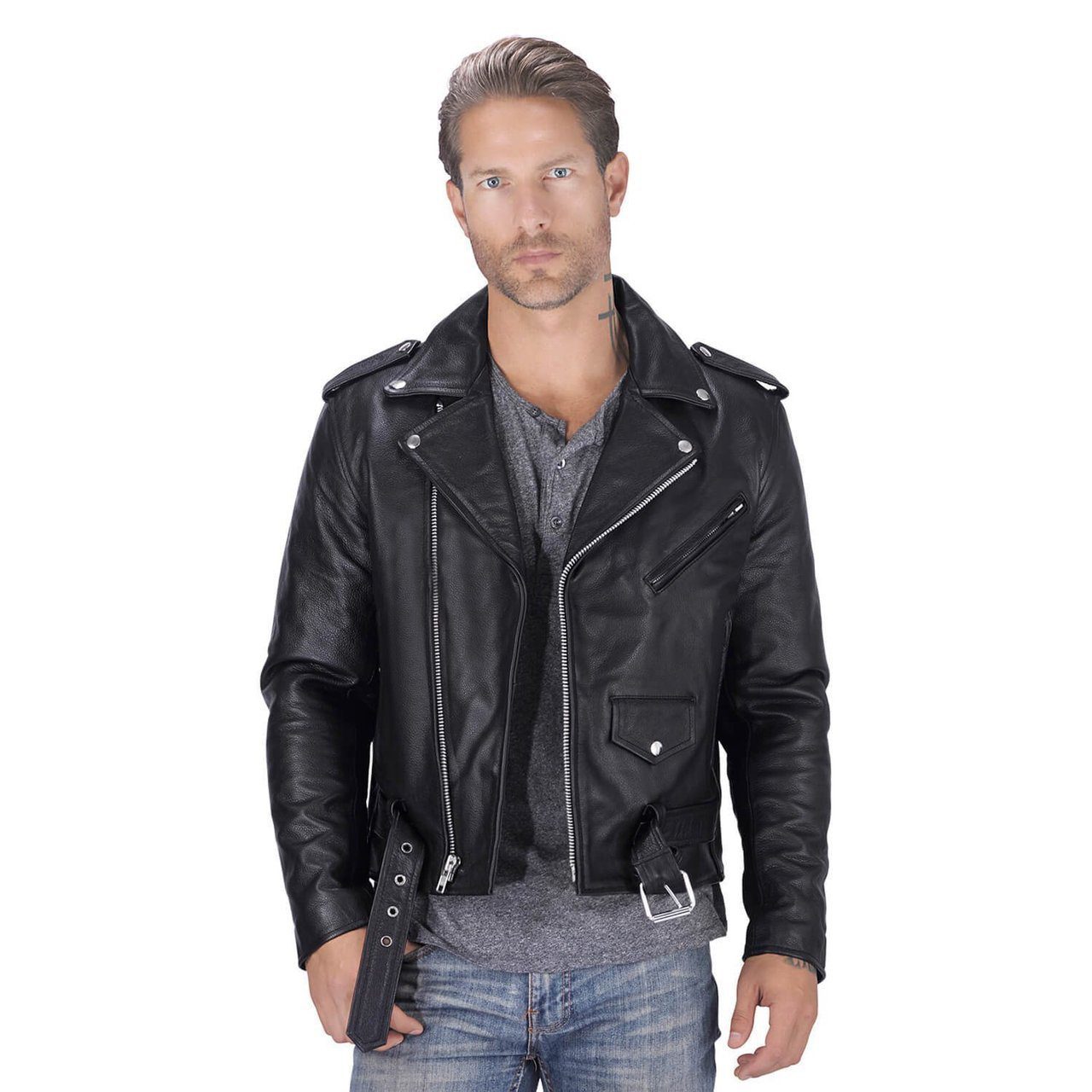 Black Classic mens leather biker Best traditional motorcycle jacket