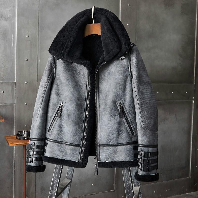 Grey original b3 shearling leather jacket with fur for men and How to wash B3 Bomber Jacket