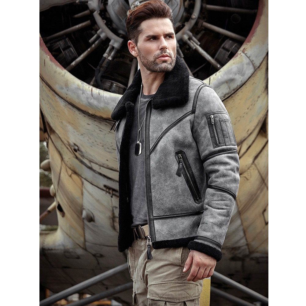Gray shearling jackets for Men | Grey b3 bomber jacket for sale