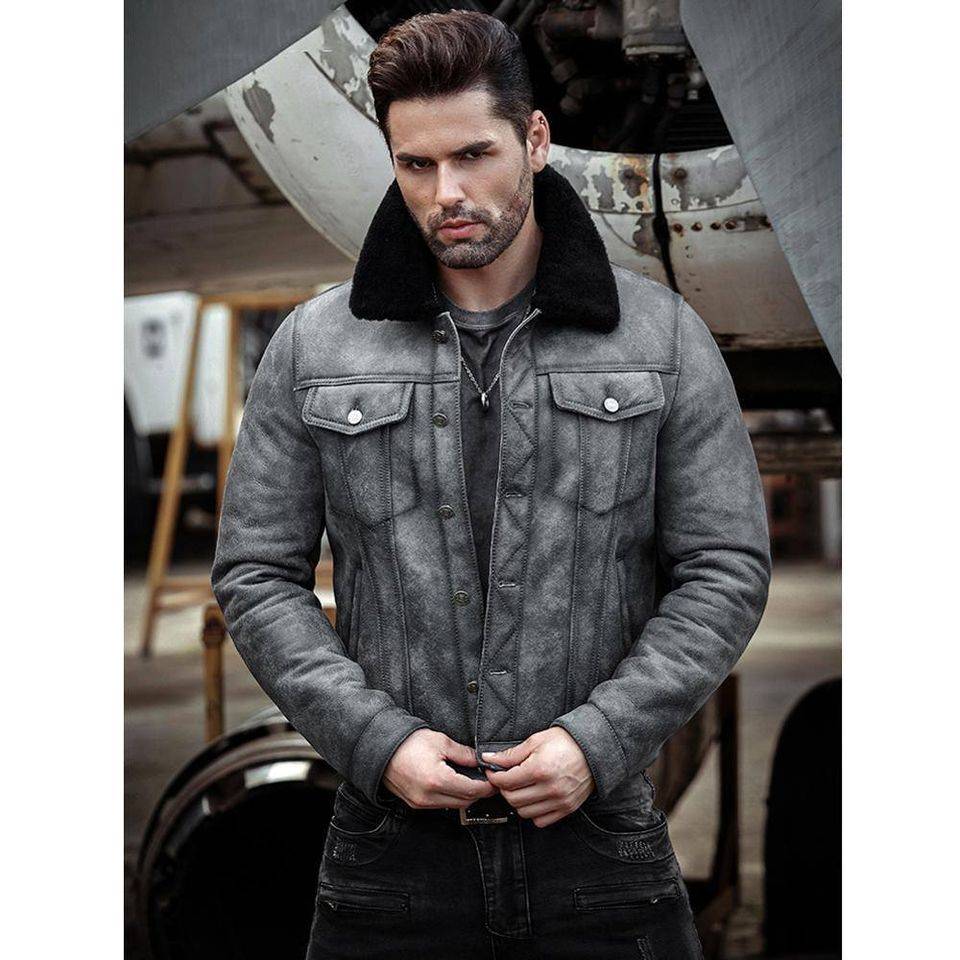 Gray original leather b3 bomber jacket for men