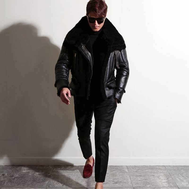 classic look black bomber jacket wth glasses