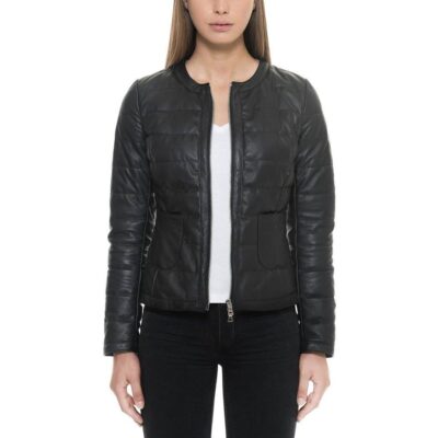 womens diamond quilted black shiny leather jacket