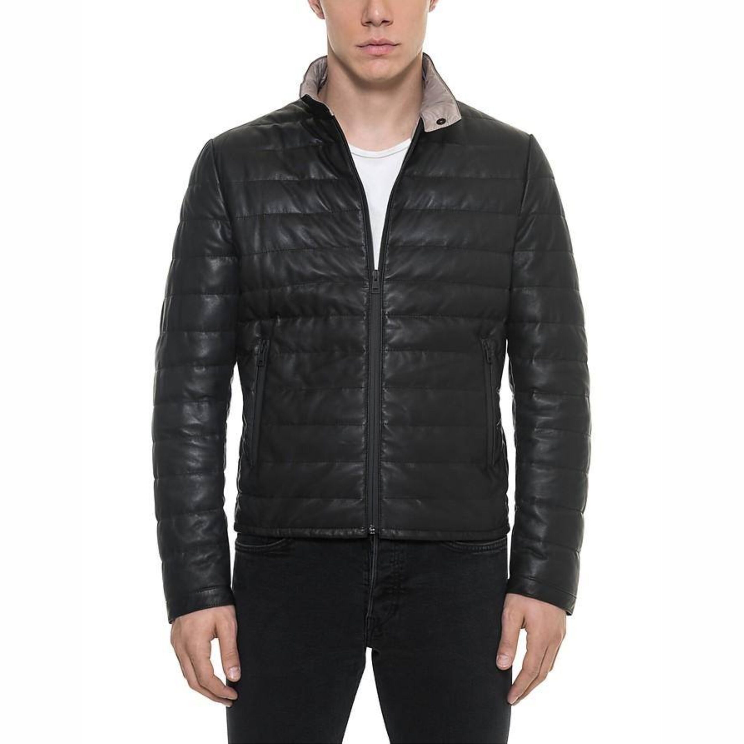 genuine Black leather puffer jacket for men