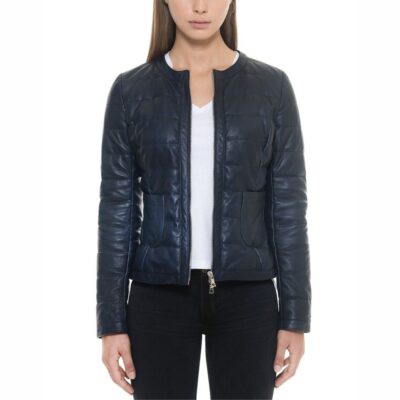 Dark blue quilted leather jacket women | genuine puffer jackets womens