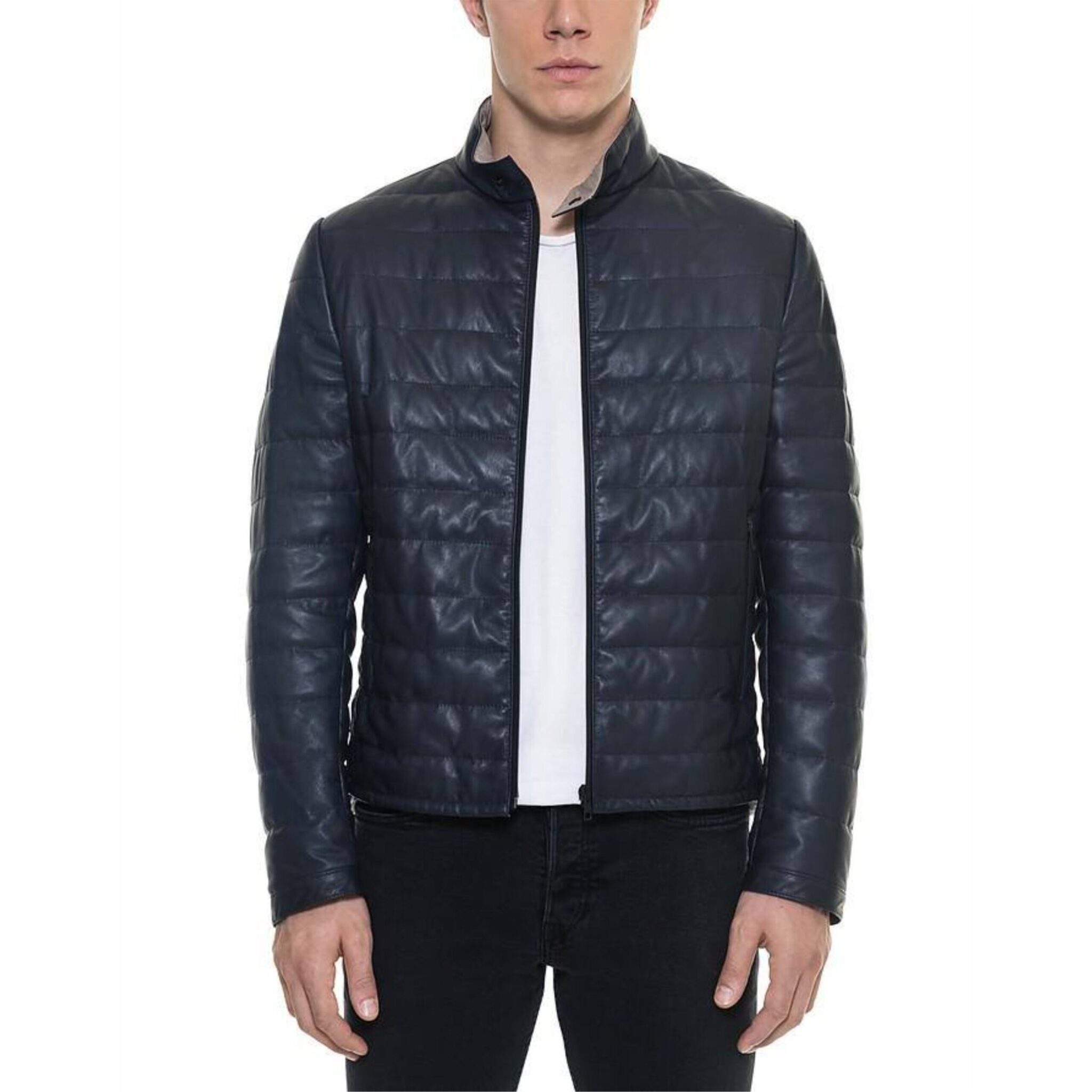 Dark blue leather puffer genuine Quilted jacket for men