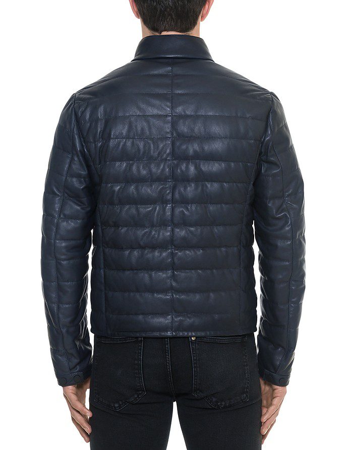 Dark blue leather puffer genuine Quilted jacket for men