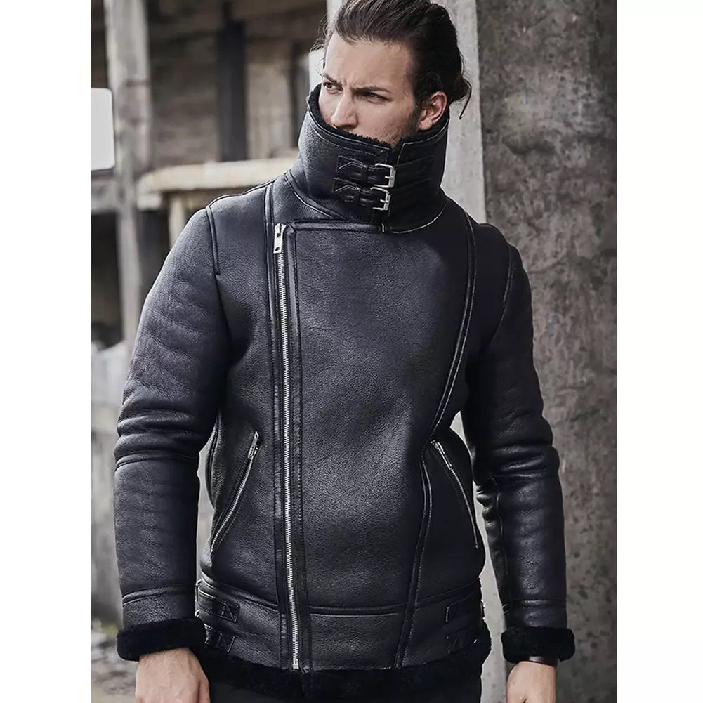 Black b3 bomber Shearling Motorcycle Jacket with Fur for Men