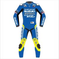blue Suzuki motorcycle leather racing suit