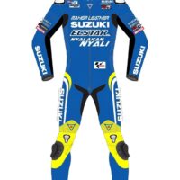 blue Suzuki motorcycle leather racing suit