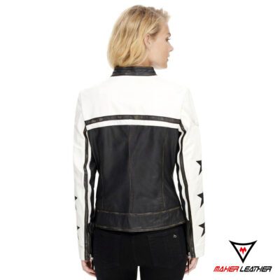 Womens White with Black stars Leather Jacket