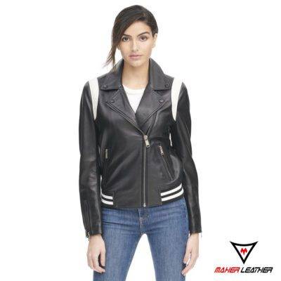 Women’s Bomber White Striped Asymmetrical Black Leather moto Jacket