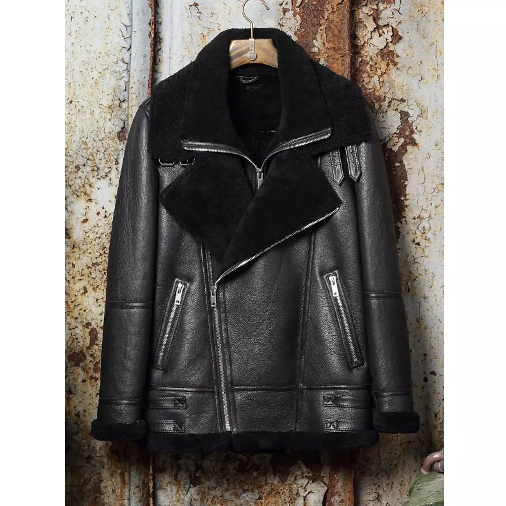 Black b3 bomber Shearling Motorcycle Jacket with Fur for Men