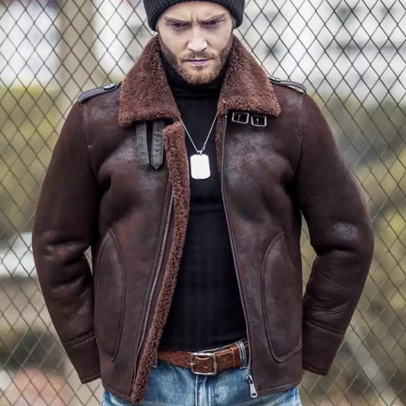 Mens fur lined sales leather bomber jacket