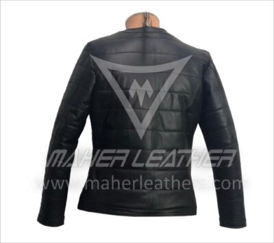women black quilted leather jacket back