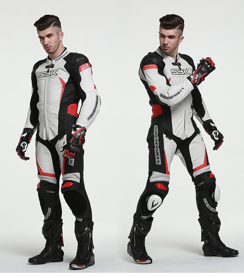 Men wearing one piece motorbike suit