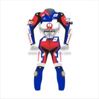 Enea Bastianini Ducati Motogp suit 2022 Outer shell of Jorge Enea Bastianini Motogp suit 2022 Top Grain Genuine Cowhide Mild leather 1.3-1.4mm Perforated (As per Design or on per customer’s desire) Sponsored Labels & Printings Stretch as per Design or on per Customer’s desire. Original YKK Zipper at Front, Cuffs & Calf External Shoulder, Elbow & Knee protections (As per Design or Customer’s desire) Dupont Kevlar or Schoeller Keprotec Stretch Fabric at inner arms and Crotch and Back Shin Areas (As per design) Coats Thread stitch Inner Shell of  Ducati motorcycle suit 2022 100% Polyester mesh lining CE approved removable Protectors on Shoulders, Elbows, Knees, Back & Thighs CE Approved Hump Kevlar Thread Safety Stitch Material Composition of Ducati motorbike leather suits: Leather = 50% Polyester Lining = 40% Foam Padding = 2% Rubber Padding =3% Zipper = 2% Thread = 3% Care Instruction: Do not iron Do not Machine Wash Do not Machine Dry Do not bleach Protect Against extensive sunlight, dryness & heat Product Hangtags : (1) Genuine Leather (2) CE Protectors (3) Kevlar or Keprotec