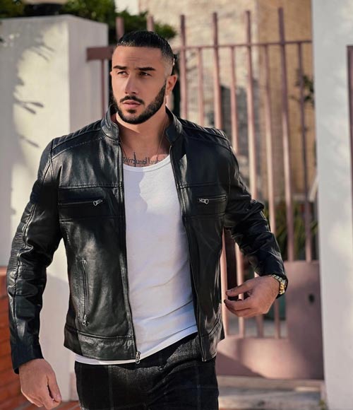 Black fashion men leather jacket look