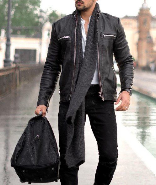 Men in fashion black leather jacket with shirt