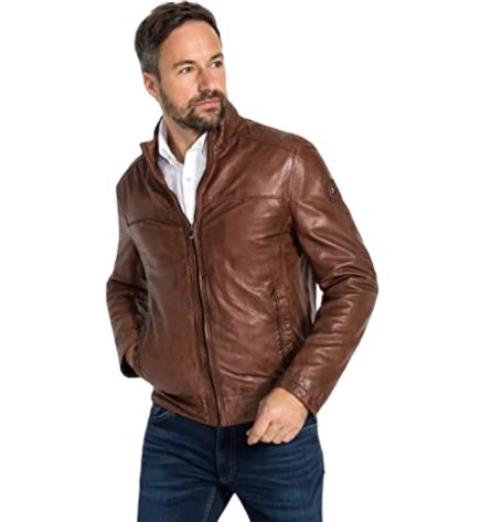 Wearing brown leather jacket with collar shirt