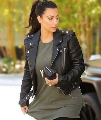 kim in classic moto jacket