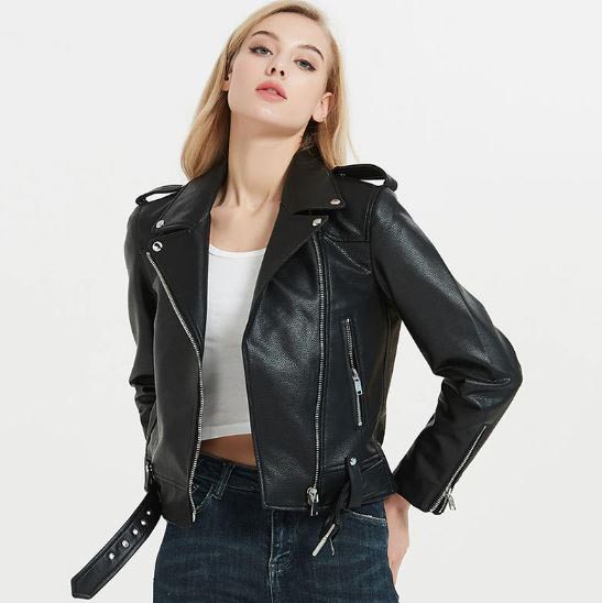 trendy women classic moto leather jacket