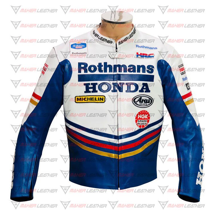 The front side look of rothmans honda leather jacket