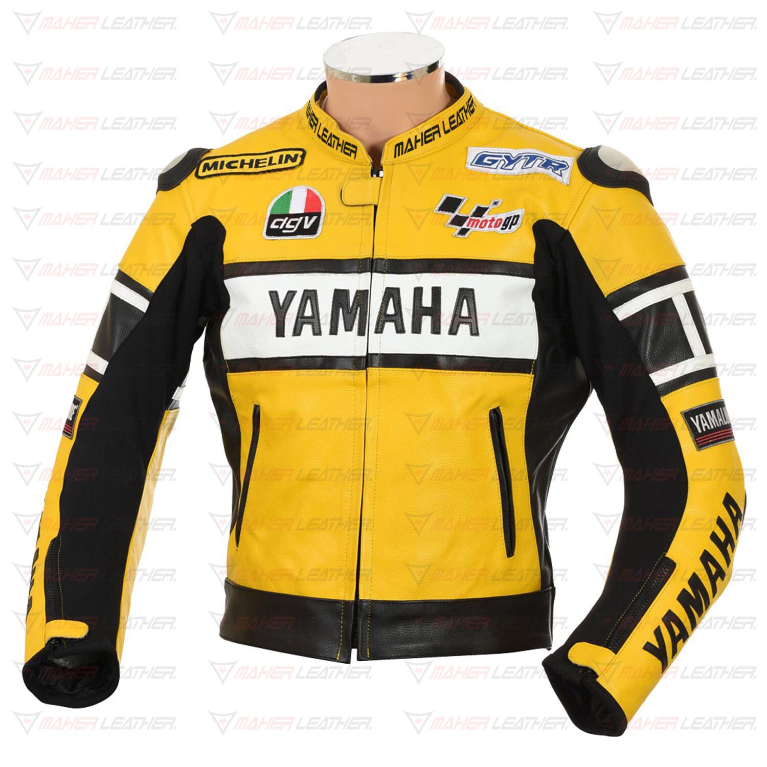 The front look of Yamaha leather riding jacket