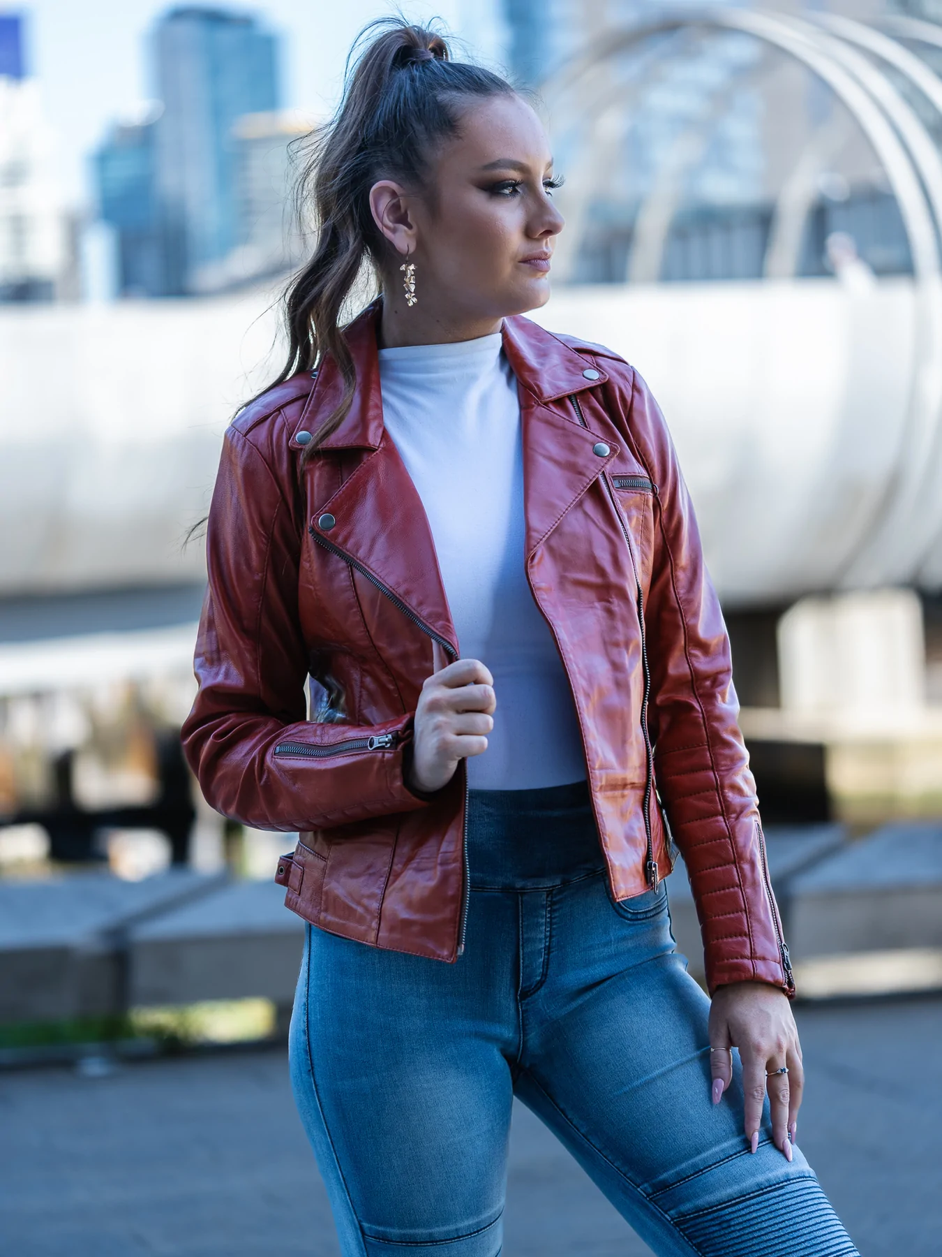woman wearing amazing wine leather jacket