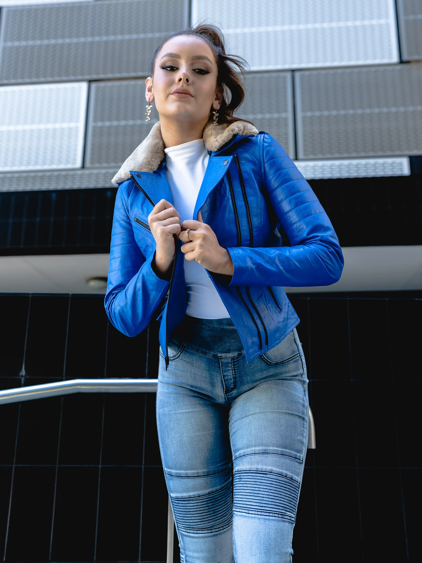Woman styling with royal blue leather jacket womens